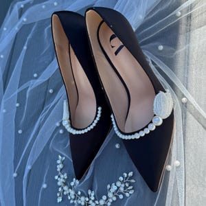 Black & White Stiletto Heels – Size 7 (37) – Pearl Embellished Satin Pumps – Pointed Toe Bridal and Event Shoes, 3.15&quot; Heel – Ready to Ship