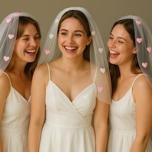 Heart Appliqué Bridal Veil – White Tulle Bachelorette Veil with Pink & White Hearts • Fun Wedding Shower Veil