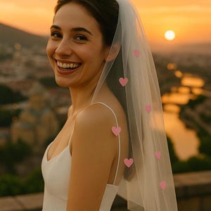 Pink Heart Bridal Veil with Comb • Short Tulle Wedding Veil • Romantic Veil for Bride, Shower, Bachelorette or Engagement Party