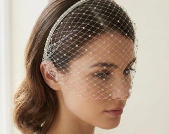 Elegant Crystal Birdcage Veil • Bridal Mesh Headpiece with Rhinestone Tiara • 5 Styles: Full, Tiara Only, Pearls or Classic Mesh