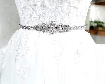 Bridal Rhinestone Belt • Wedding Dress Sash with White Organza • Sparkling Sash for Bride • Elegant Bridal Belts and Accessories