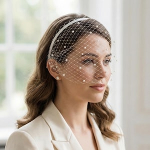 May include: A white headband featuring a birdcage veil made of fine netting. The netting is adorned with small, evenly spaced white pearls throughout the mesh. The veil covers the upper portion of the face, extending from the headband to the nose.