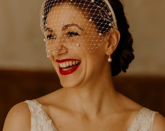 Elegant Crystal Birdcage Veil • Bridal Mesh Headpiece with Rhinestone Tiara • 6 Styles: Full, Tiara Only, Pearls or Classic Mesh