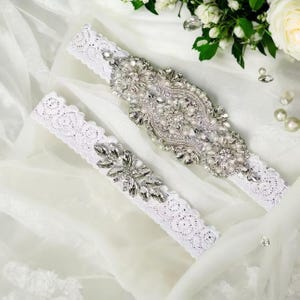 Bridal Garter Set with Rhinestones & Pearls • Lace Wedding Garter • Handmade Stretchy Band • Keepsake Toss Garter • 2 Styles Available