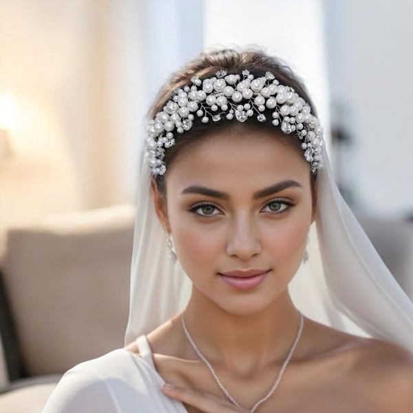 Tiara nupcial de perlas y cristales • Accesorio para el cabello de boda para novias • Tocado de cuentas hecho a mano con opción de velo • Elegante corona de novia