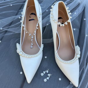 White & Black Stiletto Heels – Size 7 (37) – Pearl Embellished Satin Pumps – Pointed Toe Bridal and Event Shoes – 3.15&quot; Heel – Ready to Ship