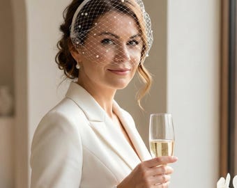 Pearl or Crystal Birdcage Veil · Bridal Headpiece · Vintage Fascinator with Mesh · Wedding Hair Accessory · Veil Headband Tiara