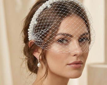 Pearl Birdcage Veil for Brides • Vintage-Inspired Pearl Birdcage • Retro Bridal Headpiece with Net Mesh • Elegant Headpiece for Weddings