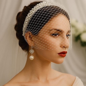 Pearl Birdcage Veil – Vintage Bridal Face Veil for Wedding | Handmade Blusher Veil with Pearls | Retro Bride Headpiece