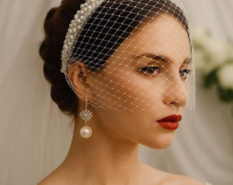 Pearl Birdcage Veil – Vintage Bridal Face Veil for Wedding | Handmade Blusher Veil with Pearls | Retro Bride Headpiece