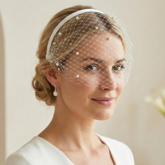 White Birdcage Veil with Pearls · Wedding Headband Veil · Retro Bridal Hair Accessory · Short Cage Veil for Bride · Fascinator Style