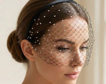 Black Rhinestone Veil Headpiece, Avant Garde Mesh Birdcage  display picture 2