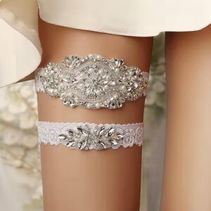 Bridal Garter Set with Lace, Pearls & Rhinestones • Wedding Keepsake and Toss Garter • Stretchy Handmade Band • Two Styles Included