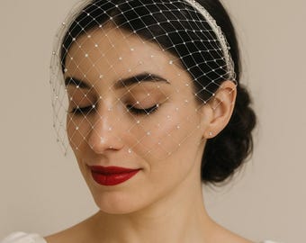 Vintage-Inspired Birdcage Veil in Black, White or Pink • Crystal Accent Bandeau Veil for Bride or Bachelorette Party