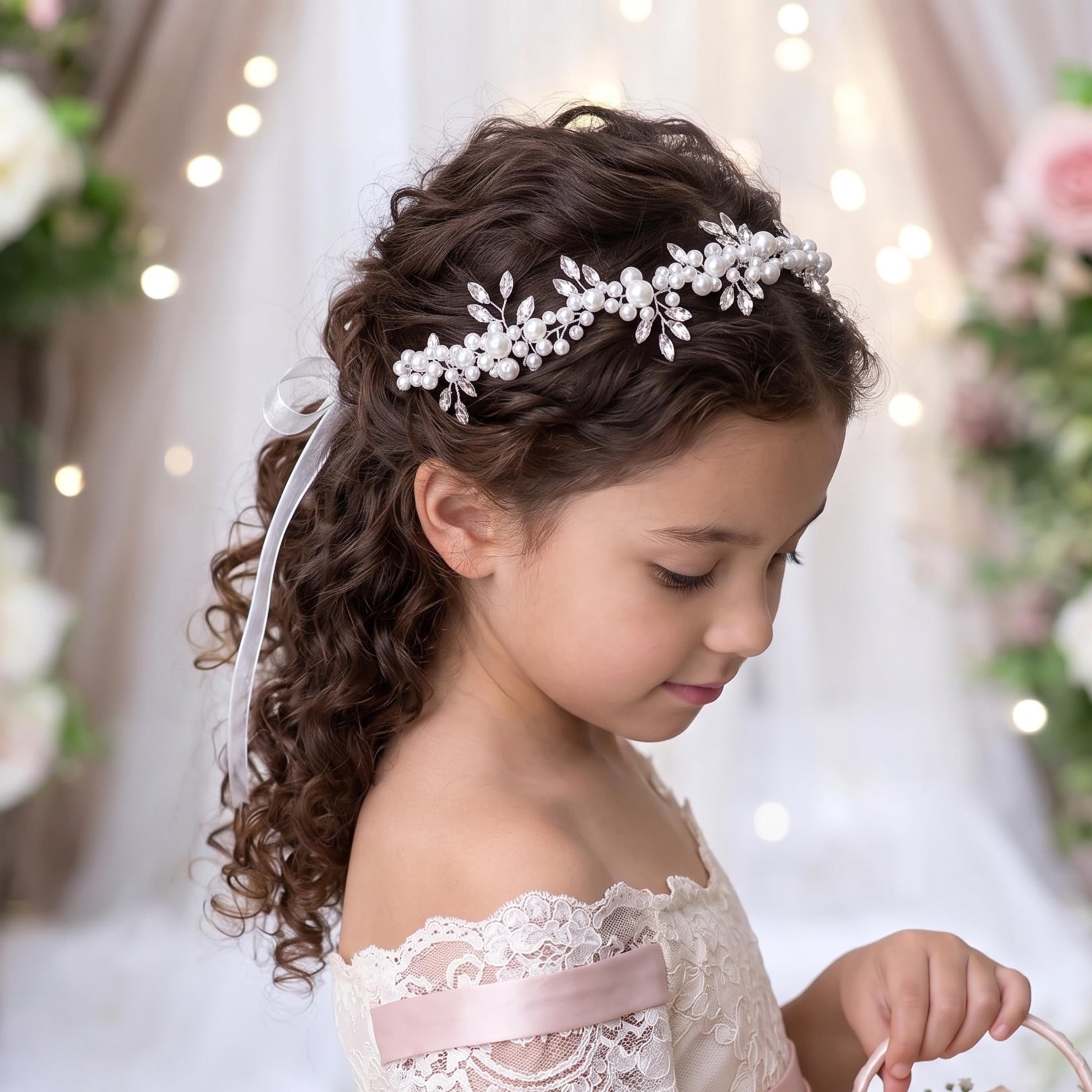 Flower Girl Headpiece, Pearl Hair Vine Halo With Ribbon, Delicate