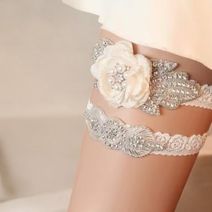 Bridal Garter Set of 2 • Ivory Lace Wedding Garter with Rhinestones & Pearls • Toss Garter and Keepsake Garter • Vintage Bride Accessory