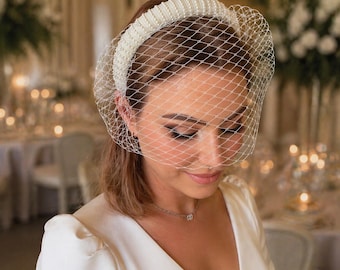 Ivory Pearl Padded Birdcage Veil, Bridal Headband Veil, Vintage Wedding Veil, Civil Ceremony Headpiece, Modern Bride Fascinator