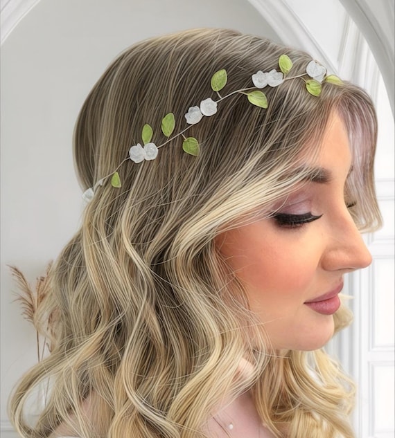 Boho Vtg Wedding Hair Vine Flower Crown White Flowers Green Wear Many Ways NWOT Boho Twine Flower Crown: Green Leaves & White Flowers  main image 2