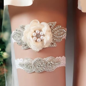 Bridal Garter Set of 2 • Ivory Lace Wedding Garter with Rhinestones & Pearls • Toss Garter and Keepsake Garter • Vintage Bride Accessory