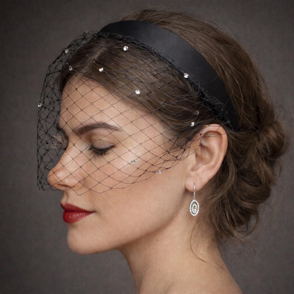 Elegant Black Veil Crystal Headband Church Tea Party Business Formal Funeral NWT Black Fascinator Hat Rhinestone Dotted Veil for Kentucky  main image 3