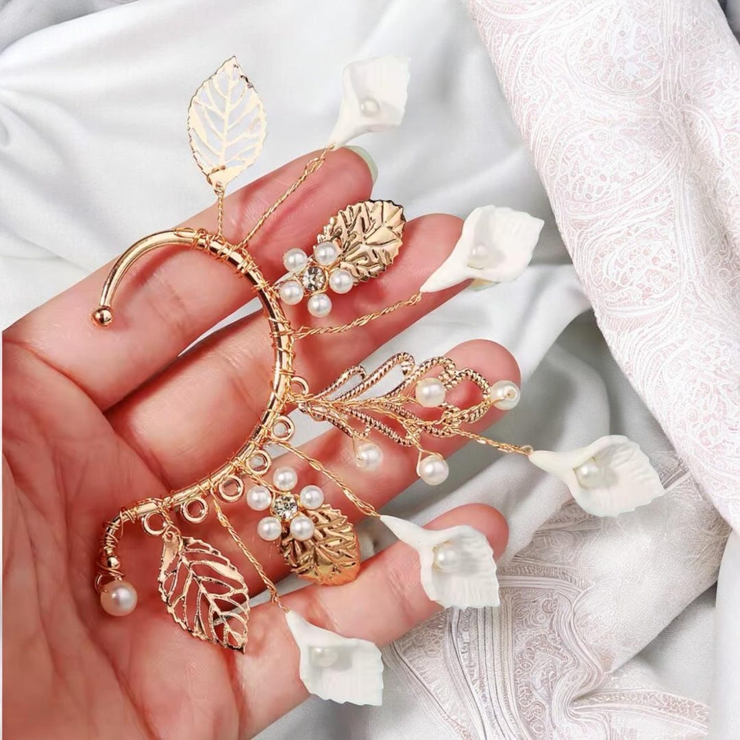 Gold Leaf and Floral Ear Cuff • Unique Wedding Ear Wrap  display picture 1