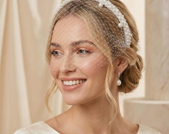 Véu Gaiola de Pérolas – Véu de Noiva Vintage para Casamento | Véu Blusher Artesanal com Pérolas | Acessório de Cabeça Retrô para Noiva