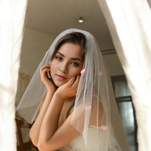 Heart Bridal Veil with Comb • Pink Heart Wedding Veil • Short Tulle Veil for Bride • Bachelorette, Shower or Romantic Party Accessory
