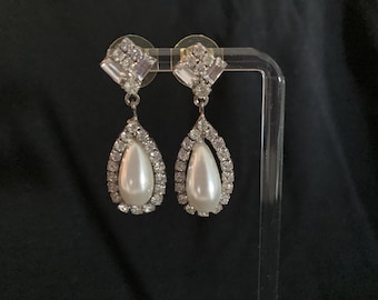 FAUX PEARL BRIDAL Earrings w Pave Rhinestones