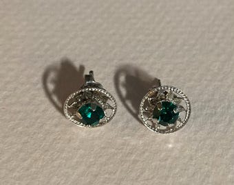 EMERALD FILIGREE HALO Earrings Vintage