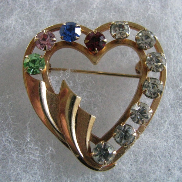 Beautiful Vintage Catamore Heart shaped rhinestone Brooch Pin 12K GF 1 20.