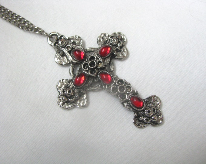 Hammered Metal Cross Pendant Necklace With Oval Red Cab Etsy