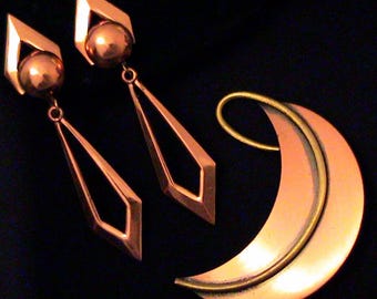 Vintage MCM Copper Leaf Brooch & Copper Arrow Drop Earrings