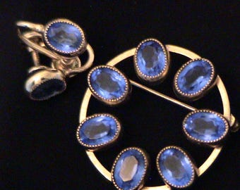 Petite Vintage CATAMORE 12K Gold Filled Sapphire Blue Crystal Wreath Pin & Earrings Set