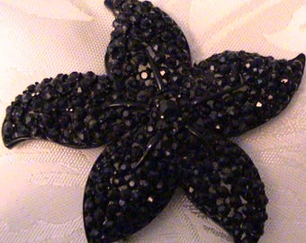 Large Vintage STARFISH Jet Black Rhinestone Japanned Brooch
