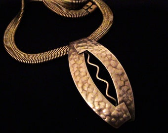 Vintage MARJORIE BAER Modernist Hammered Silver Pendant & Brass Snake Chain Necklace
