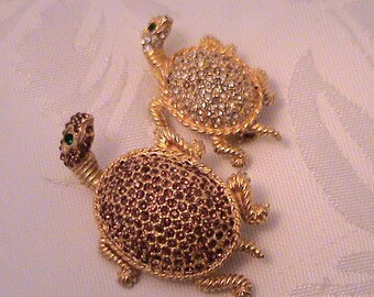 Vintage DeNICOLA Pave Rhinestone Figural Mother & Baby Turtle Pins