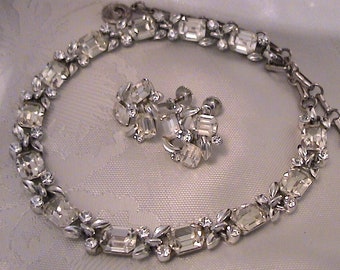 Vintage LISNER Emerald Cut Clear Crystal Rhinestone Necklace & Earrings Set