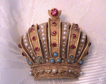 Vintage Signed ART Arthur Pepper Jeweled Crown Brooch