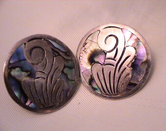 Vintage Taxco Mexico Large Sterling Silver Abalone Inlay Screw Back Earrings