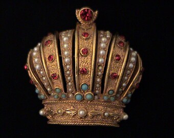 Vintage Signed ART Arthur Pepper Jeweled Crown Brooch