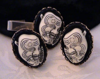 Vintage Japanese NOH Mask Cufflinks & Tie Clip SET, Selro Style