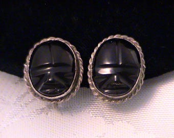 Vintage Mexican Sterling Silver Carved Onyx Warrior Screw Back Earrings