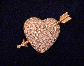 Vintage Signed SWAROVSKI Pavé Crystal Heart with Cupid's Arrow Pin