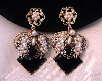 Vintage Victorian Revival Wired Pearls, Black Glass Cab & Rhinestone Gold Tone Filigree Earrings