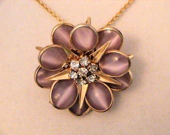 Vintage CRC Charles Reis 12K Gold Filled Purple Cat's Eye Star Flower Pendant Necklace