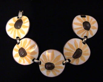 Vintage KAY DENNING Enamel Copper Hand Painted Daisy Flower Bracelet