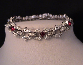 Stunning Art Deco CORO Crystal & Ruby Red Rhinestone Bracelet