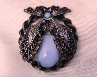 Vintage Component Finding Light Blue Glass Moonstone & Dark Silver Tone Metal