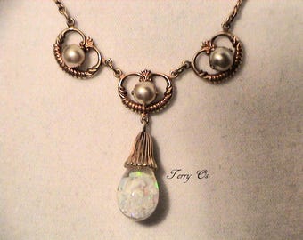 Vintage FLOATING OPAL & Glass Pearl 12k Gold Filled Pendant Necklace Signed AMCO