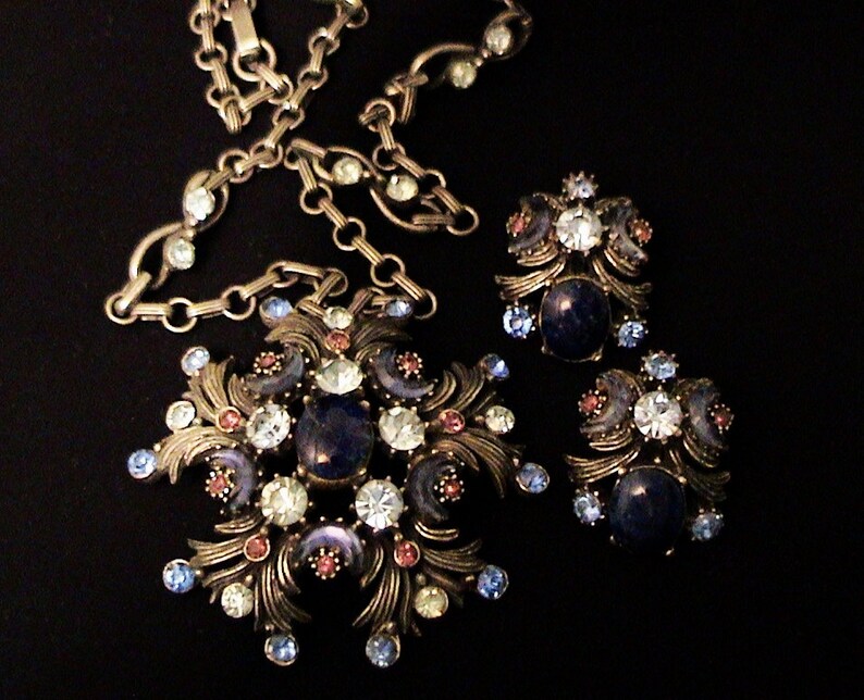 Vintage FLORENZA Lapis Blue Crescent Rhinestone Demi Parure